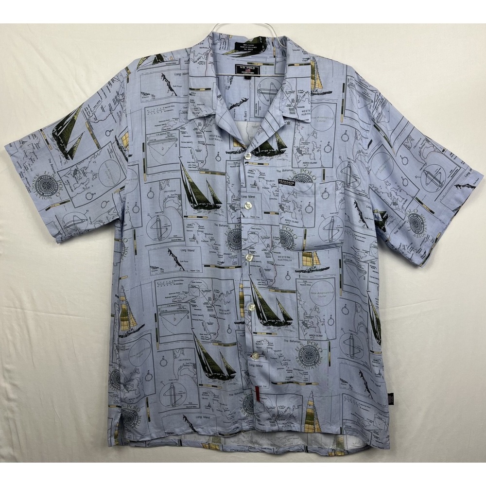 EUC U.S. Polo Assn Mens Light Blue Sailboat Map Print Aloha Camp Shirt Size L